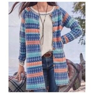 Sundance Shoreline Cardigan Women Medium Blue Multi Cotton Merino Wool Longline